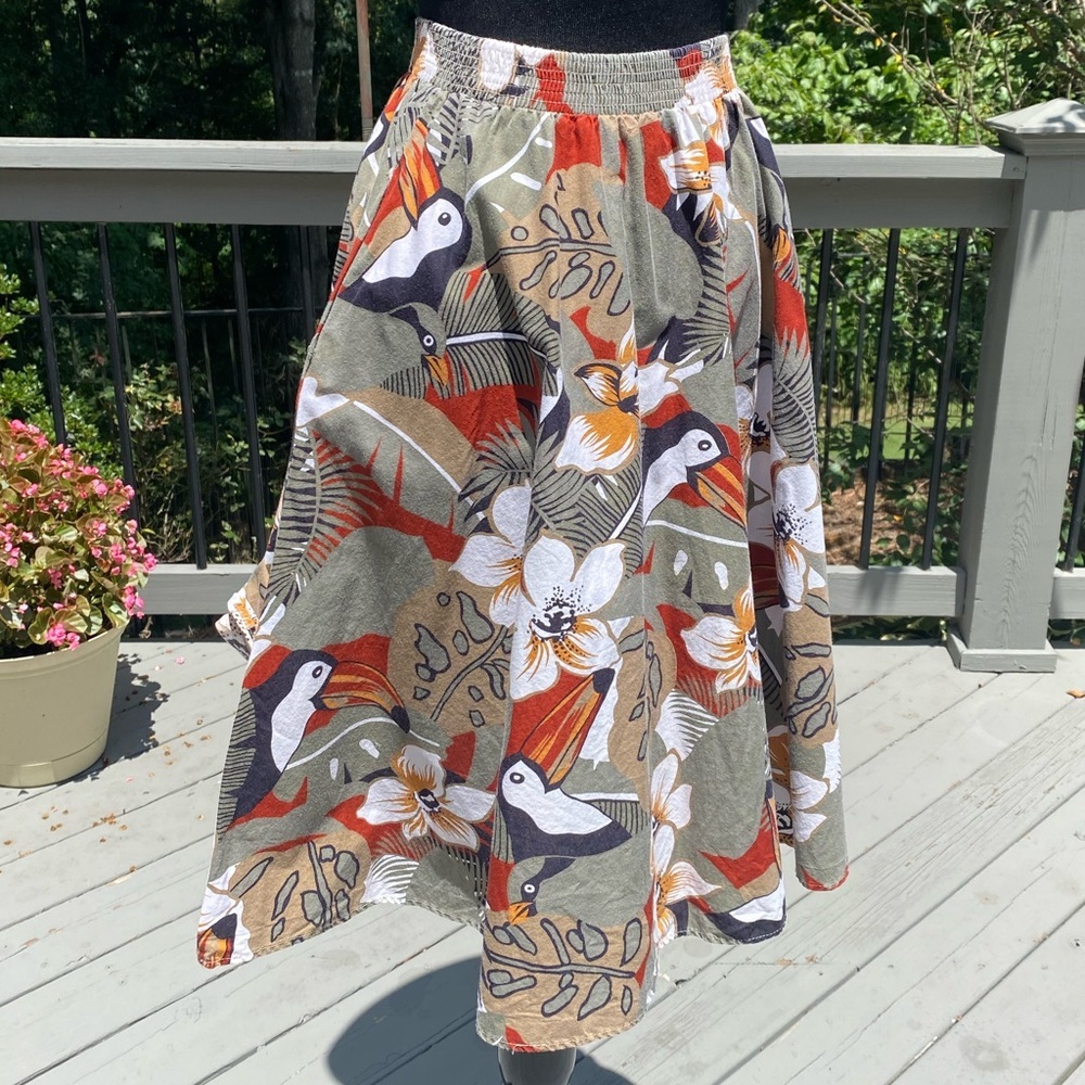 Vintage 70s 80s Toucan Novelty Bird Jungle Print Circle Skater Skirt